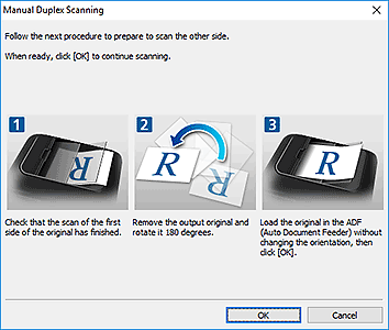 figure: Manual Duplex Scanning dialog box (Long edge)